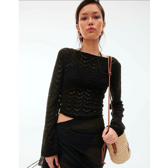 NEW H&M Crochet Black Open Back Pointelle Knit Long Sleeve Cover Up Top Sz L - Picture 1 of 8